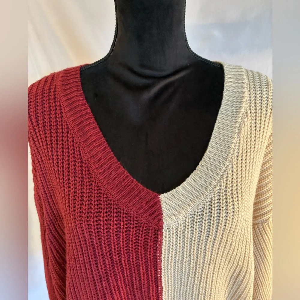 Beige/maroon color block V neck long sleeves loose knit pullover sweater XXL 19
